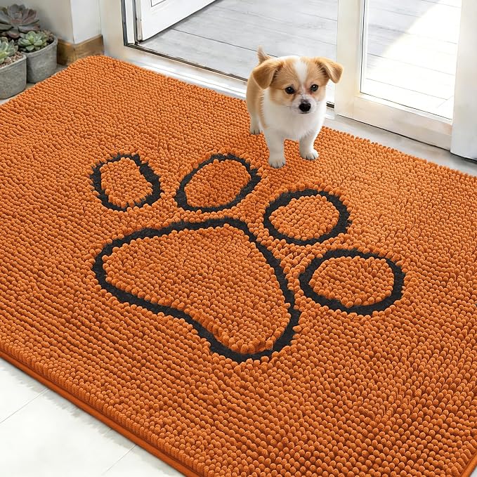OLANLY Dog Door Mat for Muddy Paws 48x30, Paw Print Design Chenille Mud Mat | Clay, Super Absorbent, Traps Moisture and Dirt, Non-Slip Washable Doormat, Quick-Drying Indoor Entryway Floor Carpet for Dogs