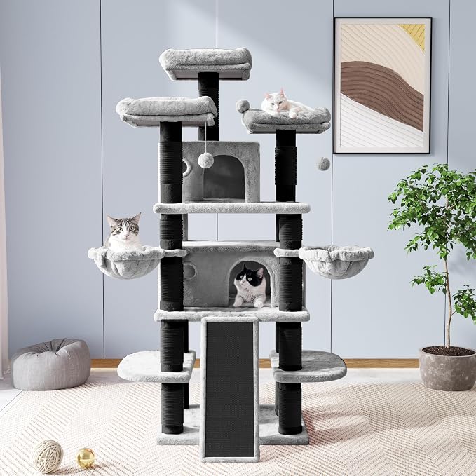 Allewie 68 Inches Cat Tree/House and Towers for Big Feline/Scratching Post/Multi-Level Large Kitty Climbing Tree with Condo/Black & Grey