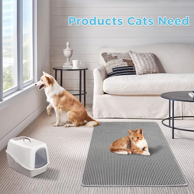 Cat Litter Mat, Double Layer Honeycomb, 30"x24", Gray | XL Litter Box Mat, reduces Litter Tracking, waterproof non-slip, easy-clean, soft on paws, scratch resistant, BPA-free EVA