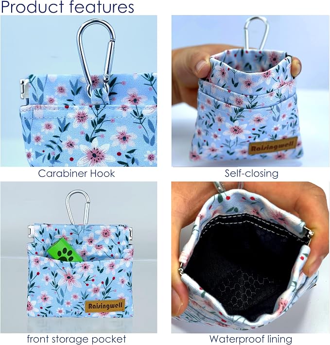 Raisingwell Dog Treat Pouch, Small Cotton Pocket Sized Training Holder, Hand Free Walking Fanny Bag with Carabiner, Self-Closing Pet Feed Snack Reward, Behavior Aids for Puppy Travel or Outdoor Use