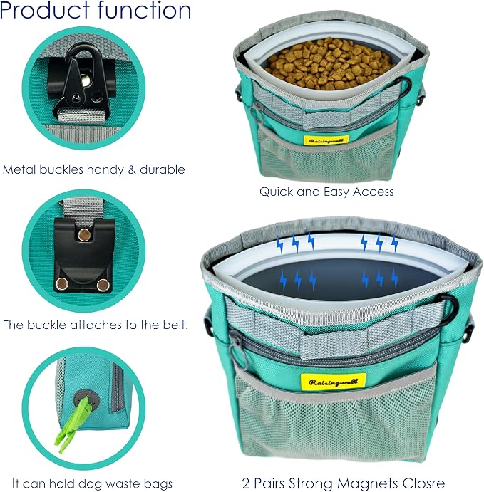 Raisingwell Dog Treat Pouch with Magnetic Closure 4-Cup Silicone Bag Fanny Pack Holder with Clicker 4 Ways to Wear Front Pocket Fits All Phones Ideal for Leash, Pet Walking and Training（Green）