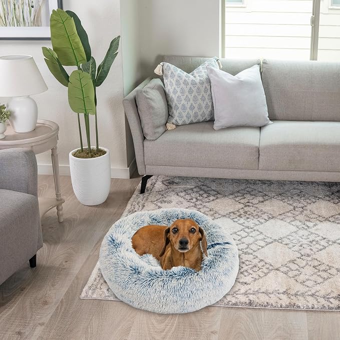 Best Friends by Sheri The Original Calming Donut Dog Bed for Small Dogs up to 25 lbs, Shag Faux Fur, Denim Blue, 23" x 23"