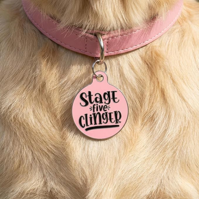 Bad Tags Personalized Dog and Cat ID Tags in 25+ Designs and 2 Sizes - 5 Lines of Custom Engraved Text - Funny Cute Personalized Pet Tags (Stage Five Clinger - Pink, Large (1.25 inch))