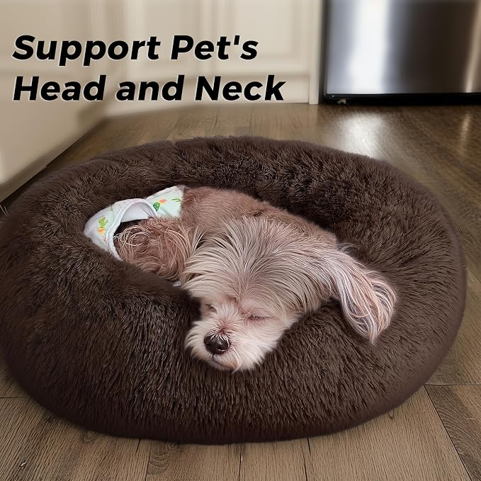 Calming Round Dog Bed & Cat Bed for Indoor Cats, Medium Size Washable Anti-Slip Anti-Anxiety Donut Dog Beds for Small Dogs & Cats, Fluffy Plush Soft Dog Bed(20 Inch, Dark Brown)
