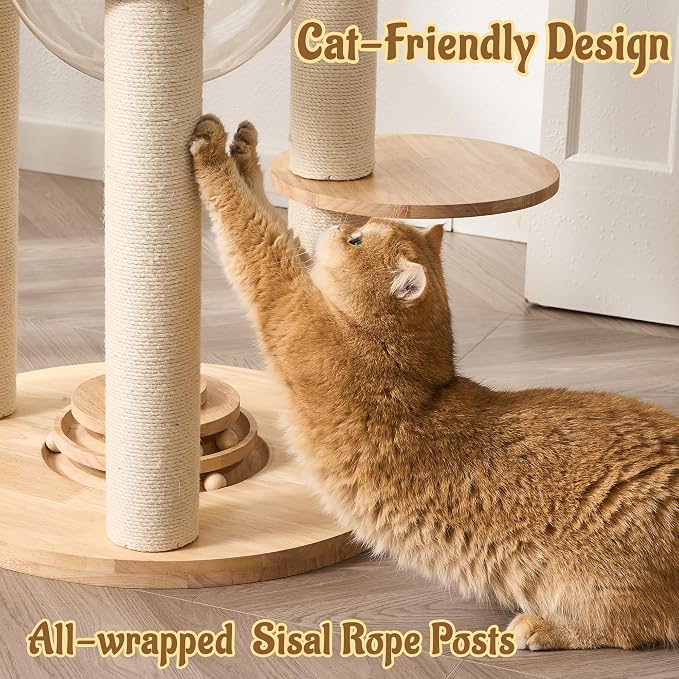 Modern Cat Tree Tower with Scratching Post, 61.5in Tall Cat Tree for Indoor Cats, Multi-Level Solid Wood Cat Furniture with Cozy Cat Beds, Condo, Hammock, Capsule Nest, Turntable Toy, Natural