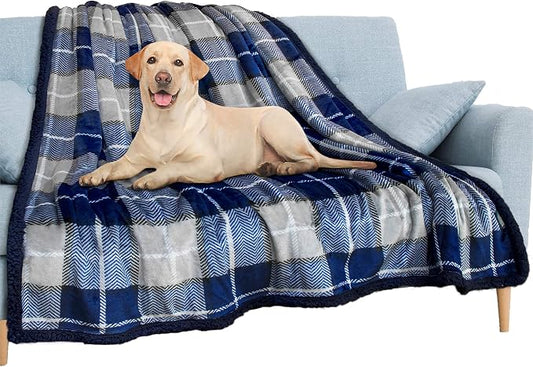 PAVILIA Waterproof Blanket for Couch, Sofa | Pet Protector for Large Dog, Puppy, Cat | Plush Soft Warm Fuzzy Sherpa Throw | Plaid Navy, 60x80