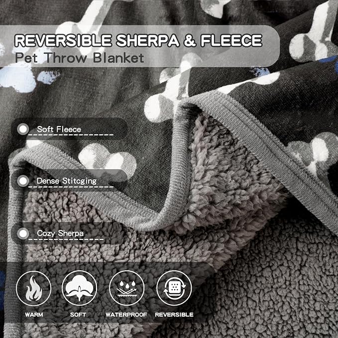 Waterproof Dog Blankets Pet Blanket 60"x80", Soft Fluffy Sofa Car Bed Protector, Reversible Sherpa Fleece Dog Blanket for Large Dogs(Navy Paws)