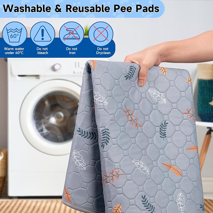 Sunheir Washable Pee Pads for Small Pet 5-Pack, Reusable Pet Training Pads Absorbent & Leak-Free, Waterproof Pee Pads for Dog Cat Rabbit Guinea Pig Hamster, Whelping Pad (Leaves - Light Grey, 12x12)
