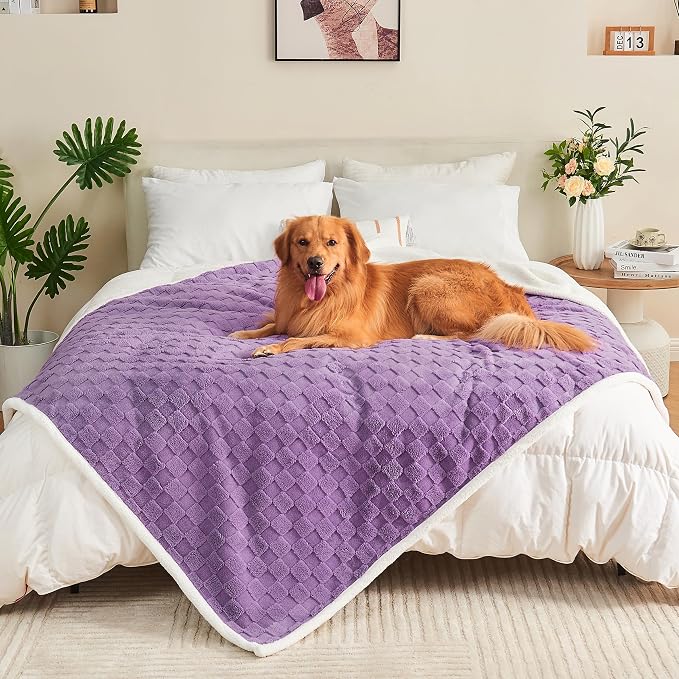 Checkered Waterproof Blanket for Bed Couch Sofa Car, Fluffy Soft Dog Blanket with 3D Jacquard Grid Pattern, Reversible Leakproof Pet Blankets for Dogs Cats Puppies, Dusty Purple, 50"x60"