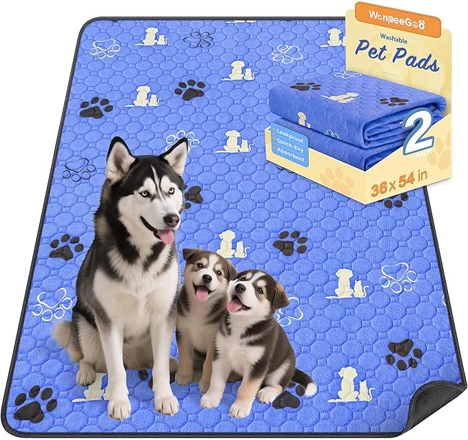 WanpeeGoo Washable Pee Pads for Dogs, Waterproof, 36 x 54 in, 2 Pack, Blue | Super Absorbent, Waterproof and Non-Slip; Washable, Reusable Dog Pads for Crates, Playpens, Floors, Furniture and Travel