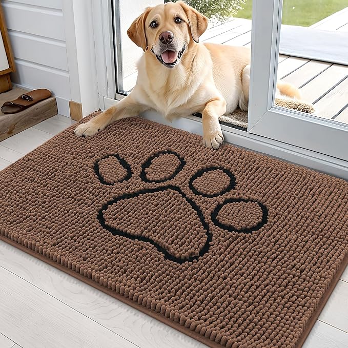 OLANLY Dog Door Mat for Muddy Paws 36x24, Paw Print Design Chenille Mud Mat | Mocha, Absorbent, Traps Moisture and Dirt, Non-Slip Washable Doormat, Quick-Drying Indoor Entryway Floor Carpet for Dogs