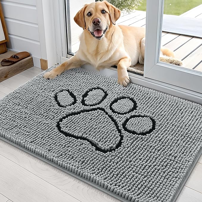 OLANLY Dog Door Mat for Muddy Paws 35x24, Paw Print Design Chenille Mud Mat | Grey, Super Absorbent, Traps Moisture and Dirt, Non-Slip Washable Doormat, Quick-Drying Indoor Entryway Floor Carpet for Dogs