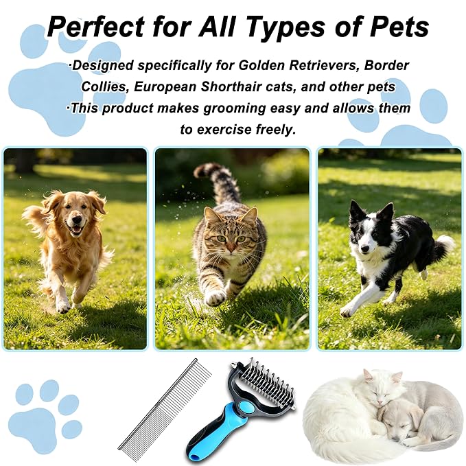 2-In-1 Pet Grooming Brush, Dog Brush for Shedding with Bonus Metal Comb | Rounded-Tooth Comb Double Sided Brush with Varied Spaced Teeth for Efficient Removing Knots and Loose Hair