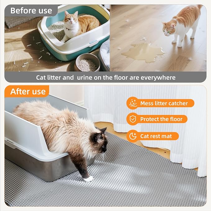 Cat Litter Mat 30"x21" Urine-Proof Small Litter Mat Litter Box Mat | Double Layer Honeycomb Cat Mat Soft EVA litter matt Fits Litter Boxes, kitty Litter mat Trapping Mat, Easy-Open Edge Grey