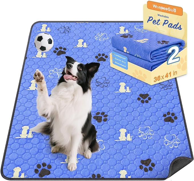 WanpeeGoo Washable Pee Pads for Dogs, Waterproof, 36 x 41 in, 2 Pack, Blue | Super Absorbent, Waterproof and Non-Slip; Washable, Reusable Dog Pads for Crates, Playpens, Floors, Furniture and Travel