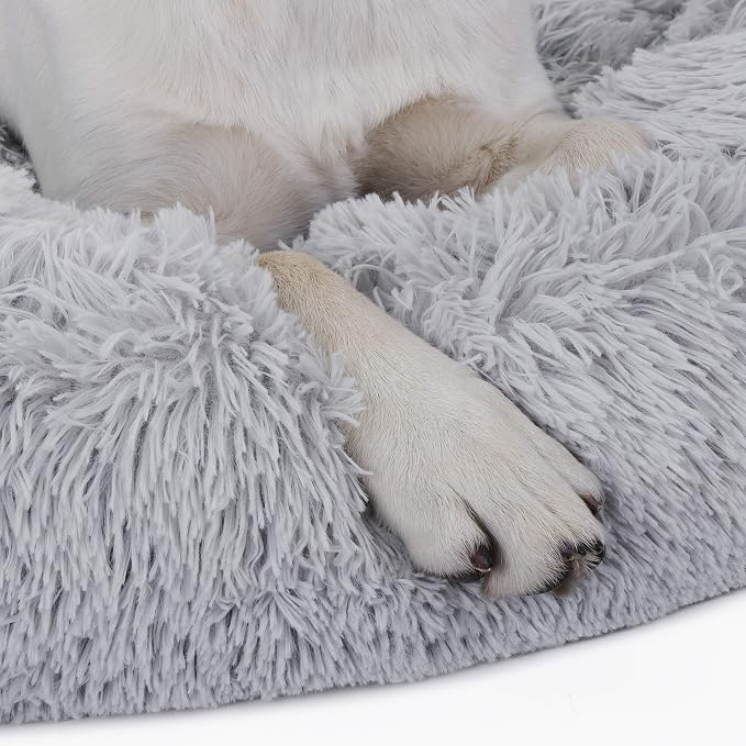 Donut Dog Bed Calming Ultra Soft Shag Faux Fur Dog Bed Comfortable Donut Cuddler for Dogs and Cats,Self Warming and Washable (30 Inches, Grey)