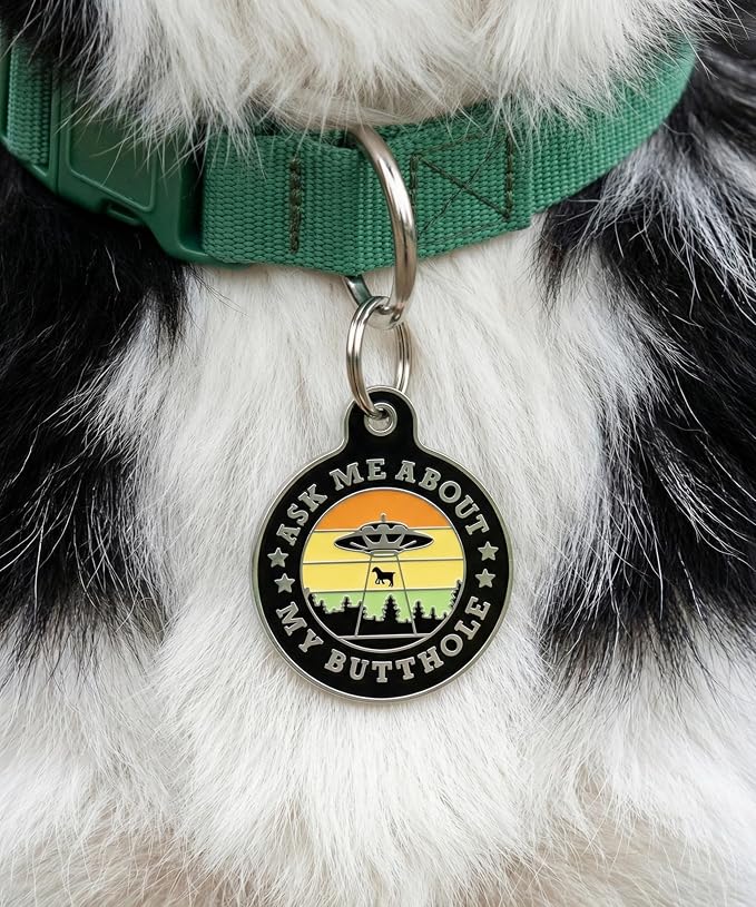 Bad Tags Personalized Dog and Cat ID Tags in 25+ Designs and 2 Sizes - 5 Lines of Custom Engraved Text - Funny Cute Personalized Pet Tags (Ask Me About My Butthole - Black, Small (1 inch))