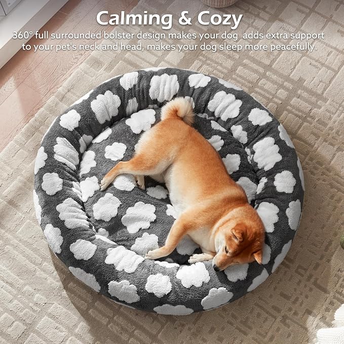 JOEJOY Donut Dog Bed Medium Size, Cute Round Calming Pet Bed with Removable Washable Cover, Orthopedic Cat Puppy Bed with Jacquard Shaggy Plush & Non Skid Bottom