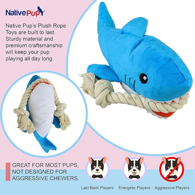 Native Pup Dog Toy Rope and Plush Stuffed Squeaker, Tug of War Toys for Dogs, Puppy Welcome Home Add on for Pets (Shark)