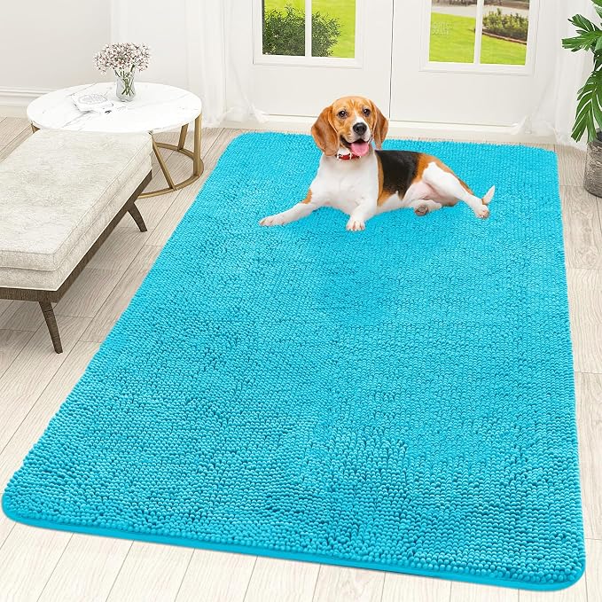 OLANLY Dog Door Mat for Muddy Paws 59x35, Super Absorbent Chenille Mud Mat | Aqua Blue, Absorbs Moisture and Dirt, Non-Slip Machine Washable Doormat, Quick-Drying Indoor Entryway Floor Carpet for Dogs