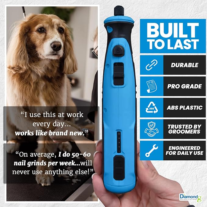 Diamondg Cordless Dog Nail Grinder - Quiet Sound with LED Light, Blue | 5-Speed Rechargeable Pet Nail Trimmer for Small & Large Dogs, USB-C Charging, 4hrs. Runtime, Painless Dog Nail Grinding Kit