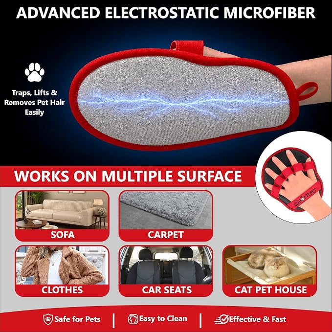 Pet Hair Removal Glove for Dogs & Cats – Reusable Electrostatic Magic Brush Five Finger Grooming Mitt, Washable Pet Hair Remover Tool for Laundry, Couch, Carpet, Car Seat, Clothing & Furniture | Reusable & Washable, No Refills Needed