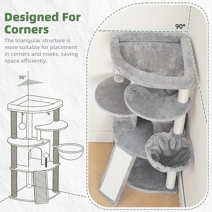 Corner Cat Tree Tower with All Sisal Scratching Posts GCT025W | 44.1" Cat Furniture with Multi-level Cat Condo, Cat Cave, Hanging Basket, Sisal Scratching Ramp for Indoor Cats, Light Gray