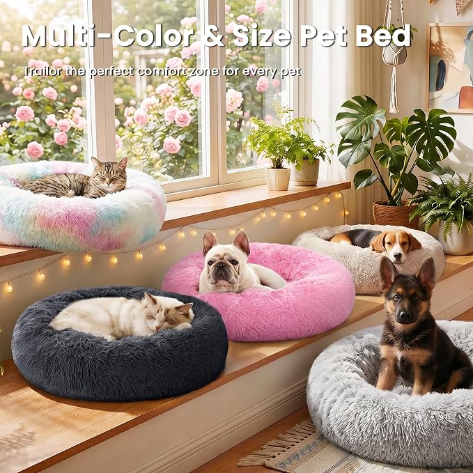 Love's cabin Calming Cat Bed for Indoor Cats, Anti-Anxiety Donut Round Dog Bed, Fluffy Faux Fur Washable Pet Bed for Small Medium Dogs and Cats, Pink, 20in