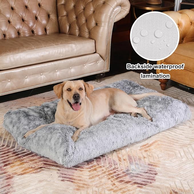 Bedfolks Waterproof Kennel Pad - Plush Dog Bed, XXL Crate Bed 47"x29", Washable Dark Grey Faux Fur Cover