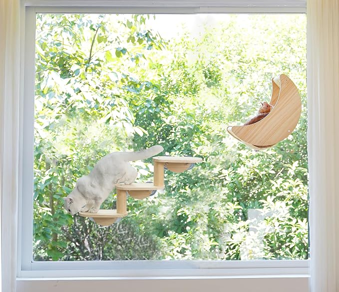 Cat Window Perch, Plywood Moon Bed with 4 Heavy-Duty Suction Cups | Window-Mounted, Drill-Free, Up to 40 lb Support, For Small to Medium Cats, Spacious Lounging Area, Machine-Washable Pad