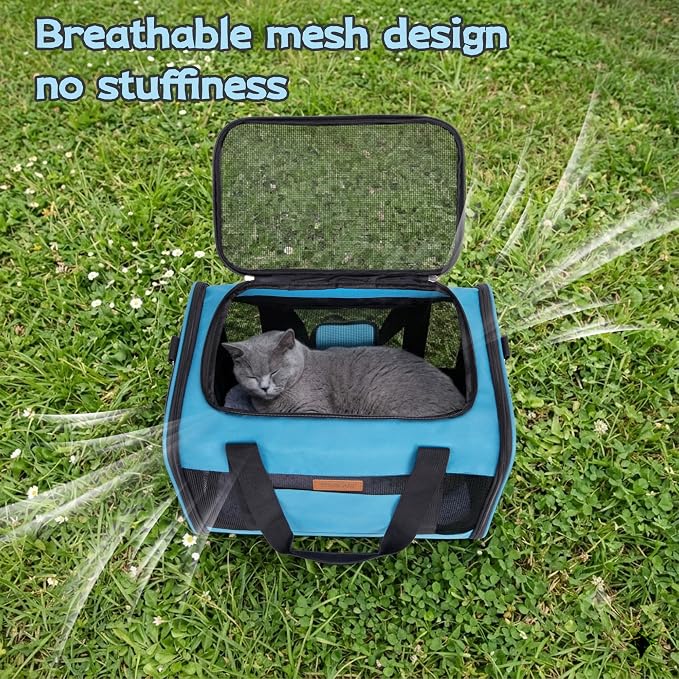 YUNIQUE Soft-Sided Cat & Dog Carrier for Pets Up to 15 Lbs, Airline Approved Collapsible Travel Puppy Carrier with Lightweight Fabric Design (Blue)