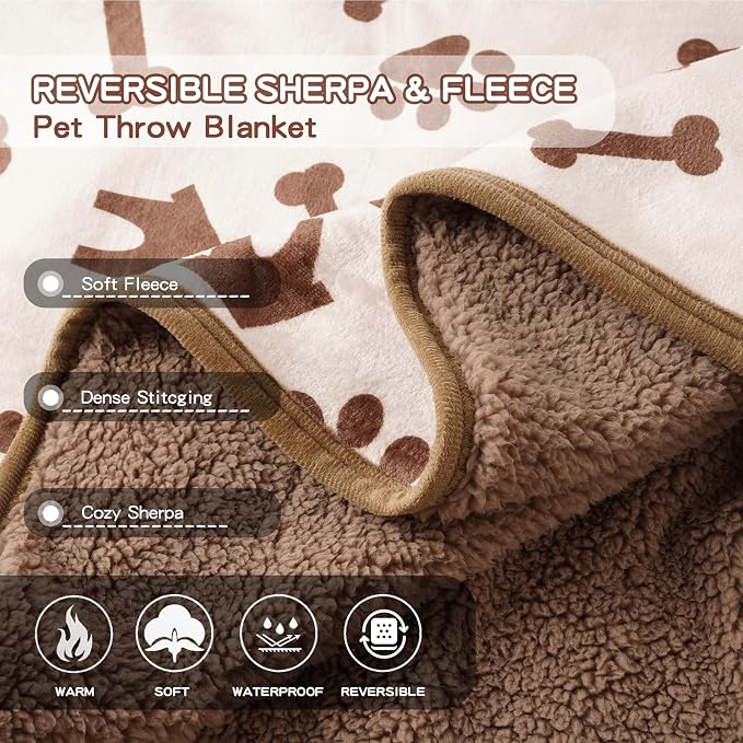 Waterproof Dog Blankets Pet Blanket 50"x60", Soft Fluffy Sofa Car Bed Protector, Reversible Sherpa Fleece Dog Blanket for Large Dogs(Beige-House)