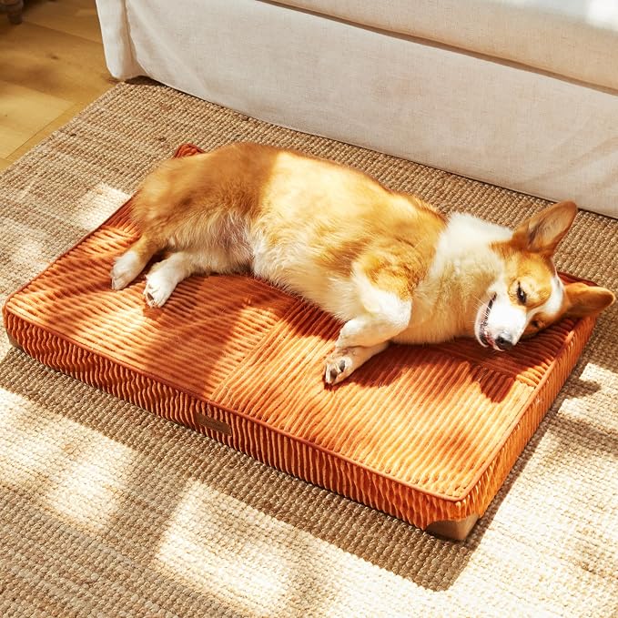 FUKUMARU Large Dog Bed, Thickened Waterproof Dog Mat with Washable Cover | Corduroy Orthopedic Dog Bed for Crate, 28D Egg Crate Foam Support Pet Mat, Cozy Flat Dog Pad with Anti-Slip Bottom