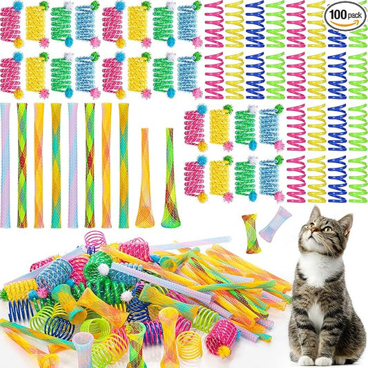 100 Pcs Cat Springs Toys Pack for Indoor Kitten Colorful Cat Supplies Include Interactive Plastic Coil Spiral Spring Rolling Mesh Tubes for Kitten Stray Cats to Bouncing Play Hunt
