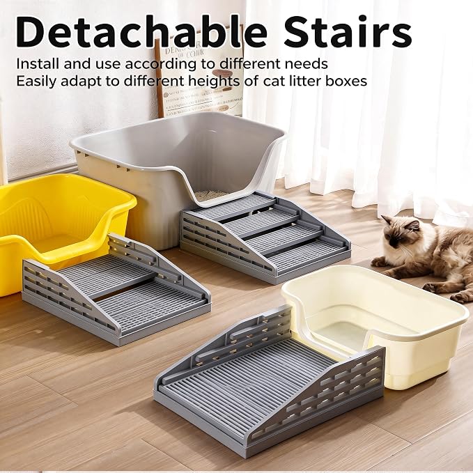Cat Litter Box Step Ramp with Litter Catcher Adjustable Litter Trapping Cat Stairs Non-Slip Trapping Mat for Kittens and Senior Cats, Washable (Gray, Large)