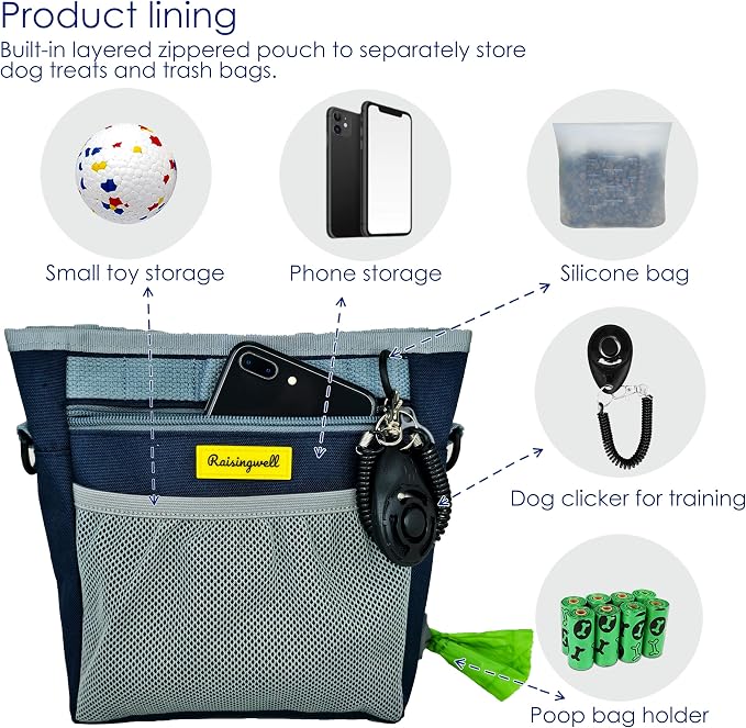 Raisingwell Dog Treat Pouch with Magnetic Closure 4-Cup Silicone Bag Fanny Pack Holder with Clicker 4 Ways to Wear Front Pocket Fits All Phones Ideal for Leash, Pet Walking and Training（Blue）