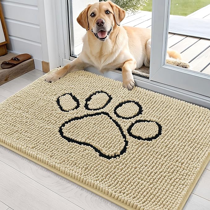 OLANLY Dog Door Mat for Muddy Paws 36x24, Paw Print Design Chenille Mud Mat | Sand, Super Absorbent, Traps Moisture and Dirt, Non-Slip Washable Doormat, Quick-Drying Indoor Entryway Floor Carpet for Dogs