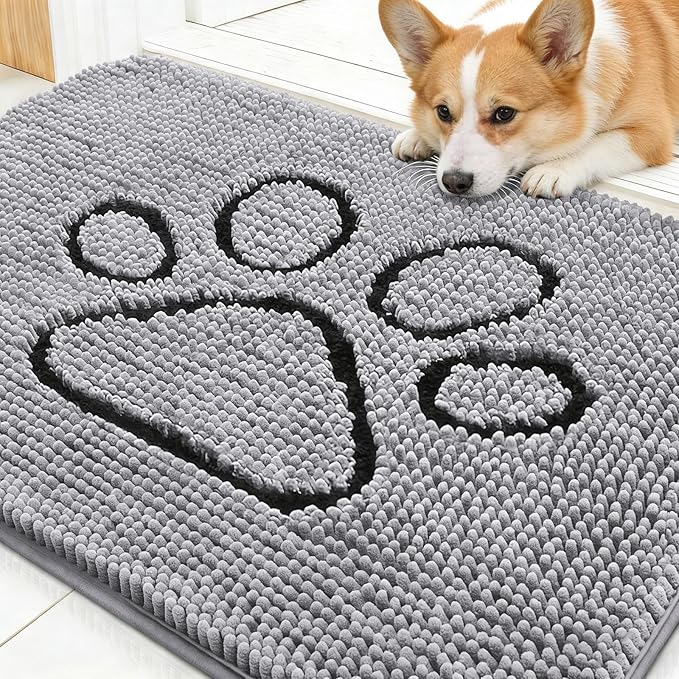 OLANLY Dog Door Mat for Muddy Paws 30x20, Paw Print Design Chenille Mud Mat | Light Grey, Absorbent, Traps Moisture and Dirt, Non-Slip Washable Doormat, Quick-Drying Indoor Entryway Floor Carpet for Dogs