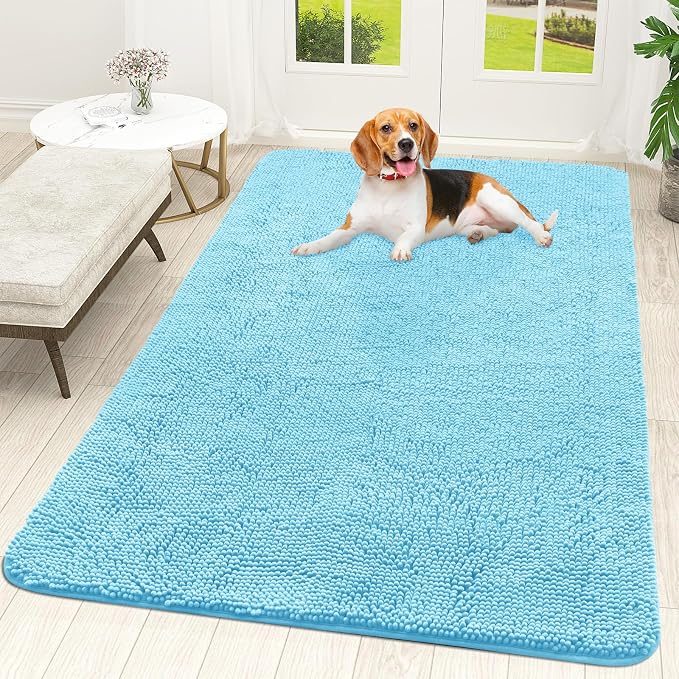 OLANLY Dog Door Mat for Muddy Paws 59x35, Super Absorbent Chenille Mud Mat | Blue, Absorbs Moisture and Dirt, Non-Slip Machine Washable Doormat, Quick-Drying Indoor Entryway Floor Carpet for Dogs