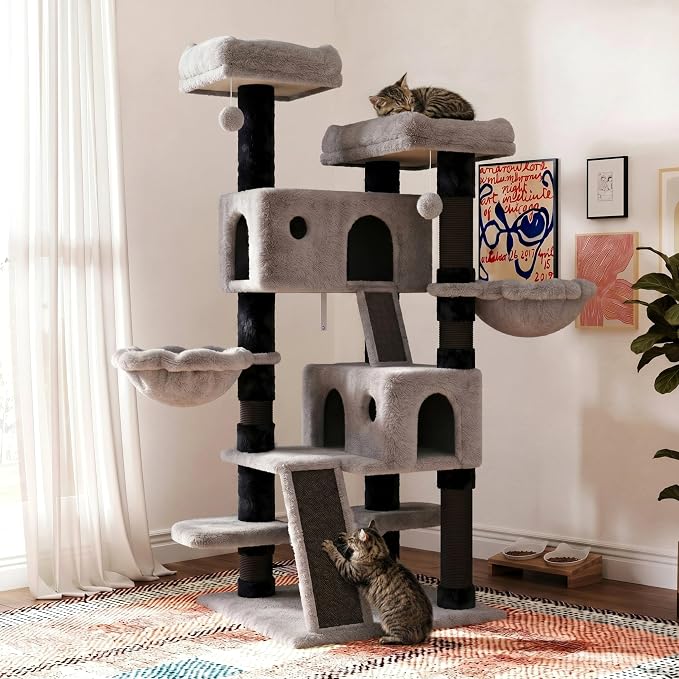 SHA CERLIN 65in Larger Cat Tree Tower Condo for Indoor Kitties/Multi-Level Furniture Activity Center with Wide Base/Cozy Plush Perches/Baskets/Sisal Scratching Posts and Hammock/Black & Grey