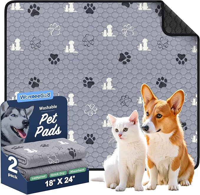 WanpeeGoo Washable Pee Pads for Dogs, Waterproof, 18 x 24 in, 2 Pack, Gray | Super Absorbent, Waterproof and Non-Slip; Washable, Reusable Dog Pads for Crates, Playpens, Floors, Furniture and Travel