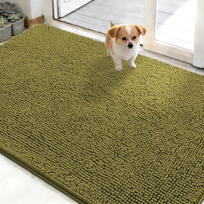 OLANLY Dog Door Mat for Muddy Paws 50x30, Super Absorbent Chenille Mud Mat | Willow Green, Absorbs Moisture and Dirt, Non-Slip Machine Washable Doormat, Quick-Dry Indoor Entryway Floor Carpet for Dogs