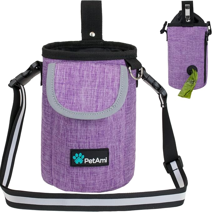 PetAmi Dog Treat Pouch, Large Hands-Free Training Bag, Purple | Built-In Poop Bag Dispenser, Holds 3 Cups Of Treats, 4 Ways to Wear, D-Ring, Reflective Strap, Dog Treat Bag for Walking