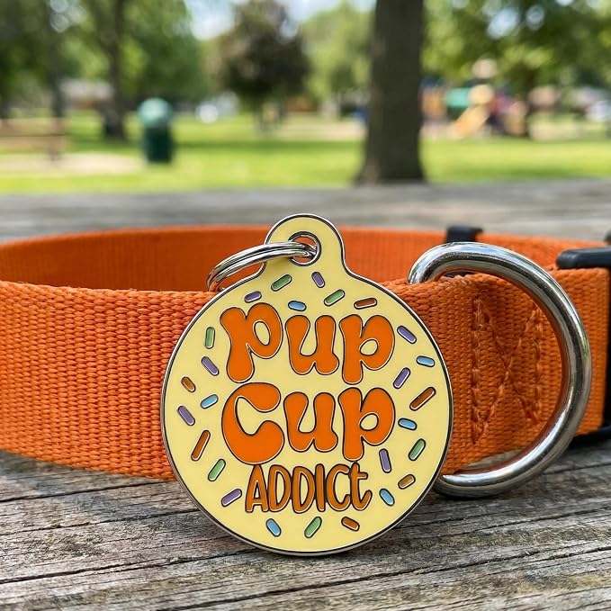 Bad Tags Personalized Dog and Cat ID Tags in 25+ Designs and 2 Sizes - 5 Lines of Custom Engraved Text - Funny Cute Personalized Pet Tags (Pup Cup Addict, Small (1 inch))
