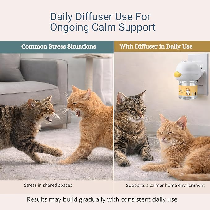 BAFZUZ™ Cat Calming Diffuser - Pheromone Diffuser for Cats | Stops Peeing, Spraying, Scratching, Hiding & Aggression | Anxiety & Stress Relief | 1 Diffuser + 2 Refills, 60-Day Supply