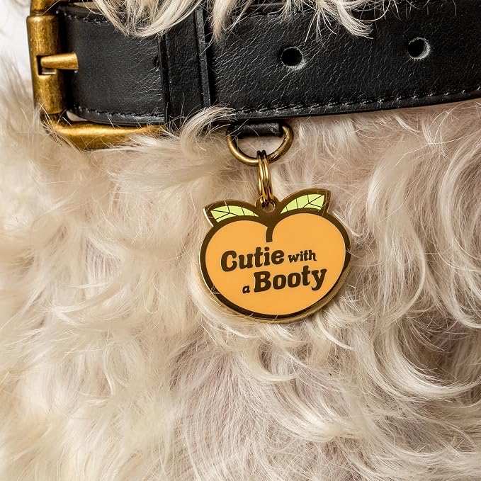 Two Tails Pet Company Personalized 'Cutie with a Booty' Pet ID Tag - Custom Engraved Dog Tags for Pets - Fun Brass, Gold Plating