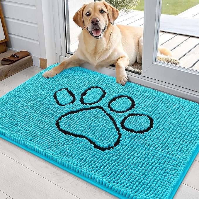 OLANLY Dog Door Mat for Muddy Paws 36x24, Paw Print Design Chenille Mud Mat | Aqua Blue, Absorbent, Traps Moisture and Dirt, Non-Slip Washable Doormat, Quick-Drying Indoor Entryway Floor Carpet for Dogs