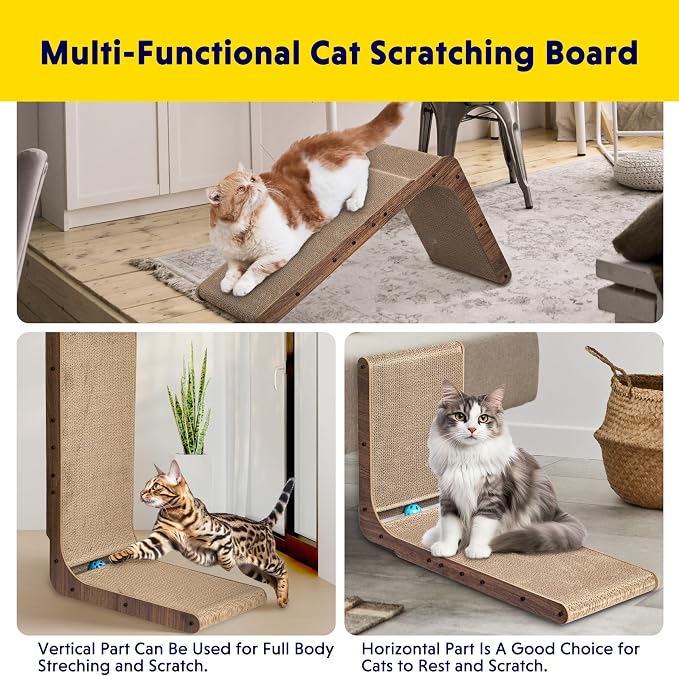 Fluffydream Cat Scratcher with Cat Toys Ball Track, Build-in Ball, L-Shaped Scratcher, Cardboard Lounge Bed, Stable and Durable, Furniture Protector, Reversible