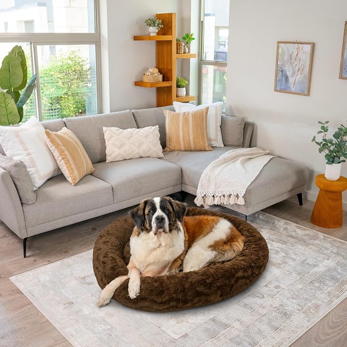 Best Friends by Sheri The Original Calming Donut Dog Bed for Extra-Large Dogs up to 150 lbs, Lux Faux Fur, Dark Brown, 45" x 45"
