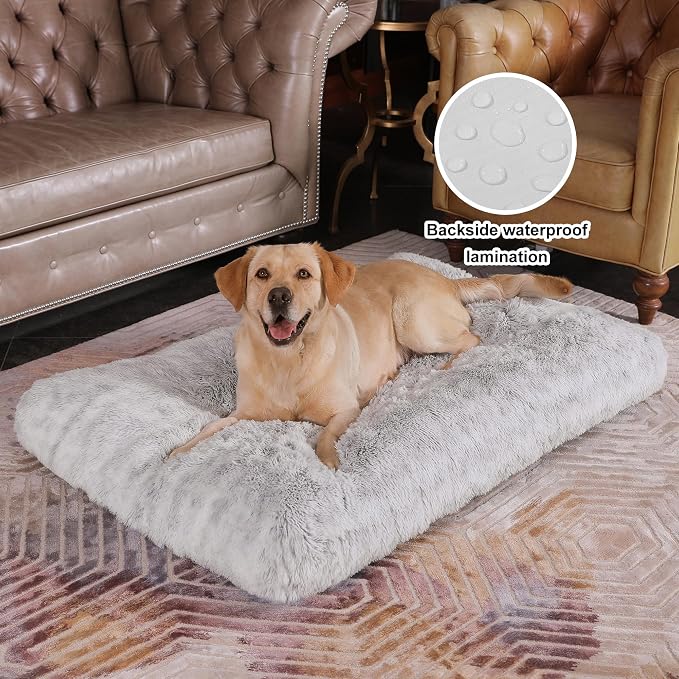 Bedfolks Plush Dog Crate Pad, Washable Faux Fur Kennel Bed for XXL Dogs, Waterproof, 47"x29", Grey